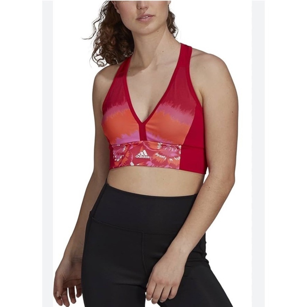 Adidas X Farm Rio Vibrant Red Floral Print Racerback Sports Bra Size Small Yoga